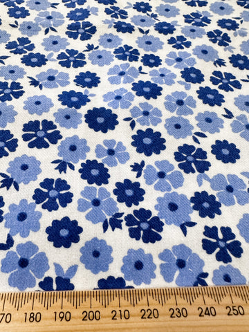 Vintage Fabric 1980s Lightly Brushed Cotton Blue Flowers on White 90cm Wide