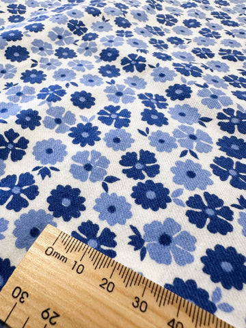 Vintage Fabric 1980s Lightly Brushed Cotton Blue Flowers on White 90cm Wide
