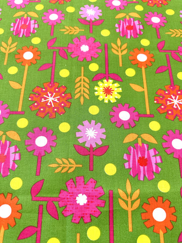 LAST PIECE Modern Fabric Quilt Cotton Retro Scandi Style Pink Orange Flowers on Green 104cm x 50cm