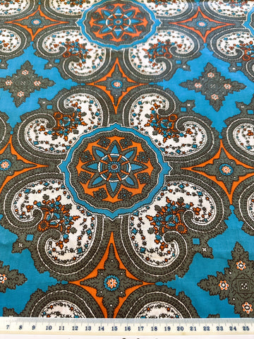 2m LEFT: Vintage Fabric 1960s Light Weight Cotton w/ Amazing Colourway & Ogee Pattern 88cm Wide