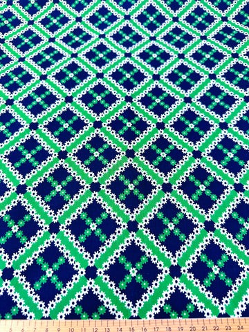 REMNANT Vintage Fabric 1960s 70s Light Weight Cotton w/ Hippie Small Daisies & Squares Blue Green White 43cm x 36cm