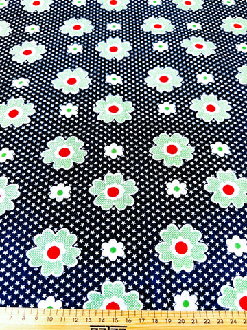 REMNANT Vintage Fabric 1970s Light Weight Cotton w/ Green Red Daisies Navy Blue Base 43cm x 33cm