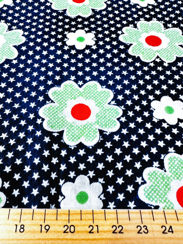 REMNANT Vintage Fabric 1970s Light Weight Cotton w/ Green Red Daisies Navy Blue Base 43cm x 33cm