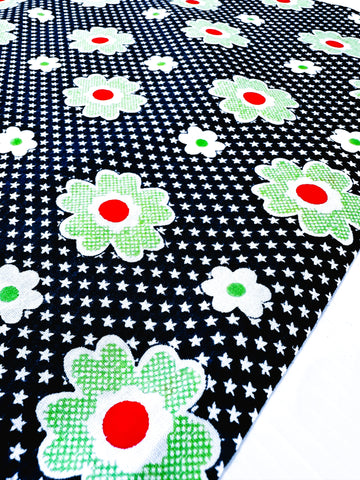 REMNANT Vintage Fabric 1970s Light Weight Cotton w/ Green Red Daisies Navy Blue Base 43cm x 33cm