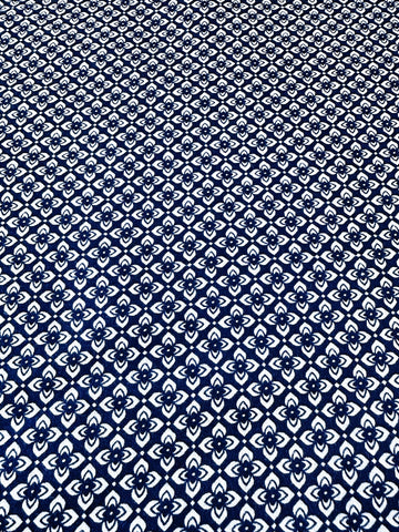 Vintage Fabric 1980s? Light Weight Cotton Simple Navy Blue & White Flower 88cm Wide
