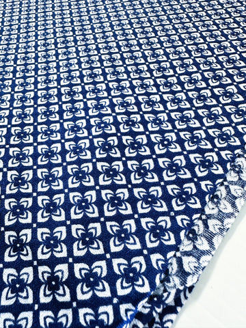 Vintage Fabric 1980s? Light Weight Cotton Simple Navy Blue & White Flower 88cm Wide
