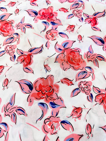 CLEARANCE Modern Fabric Painterly Pink Red Floral on White Dress Cotton 106cm Wide