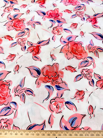 CLEARANCE Modern Fabric Painterly Pink Red Floral on White Dress Cotton 106cm Wide