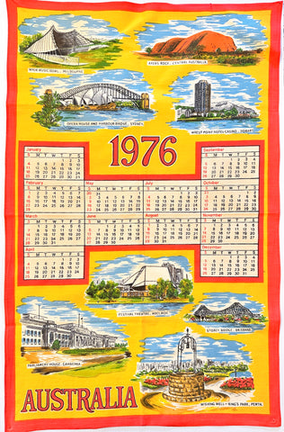 Vintage Cotton Tea Towel 1973 Calendar Australian Attractions 46cm x 74cm