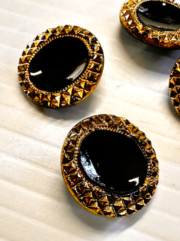 Vintage Button 1950s? Sparkly Gold Cut Steel? Black Concave Glass 19mm