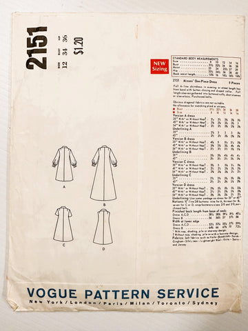 ONE-PIECE DRESS: Vogue Basic Design Sewing Pattern 1969 Size 12 Cut Complete *2151