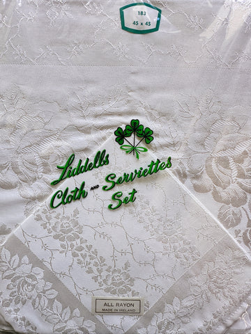 ONE SET ONLY: Mid-Century 50s Liddells Tablecloth & Serviette Set Rayon Made in Ireland 45 inch