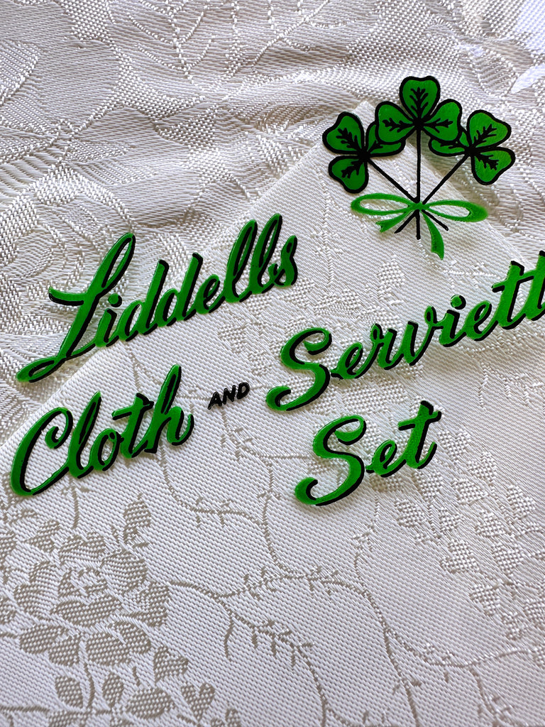 ONE SET ONLY: Mid-Century 50s Liddells Tablecloth & Serviette Set Rayon Made in Ireland 45 inch