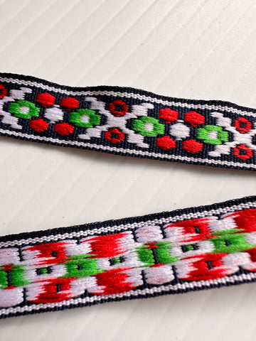 2.5m LEFT: Vintage Braid Trim Woven Cotton w/ Aztec Style Pattern in Red Green White on Black