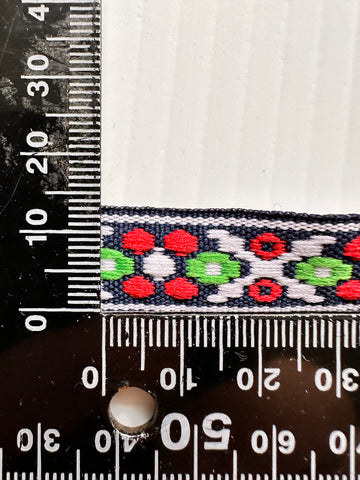 2.5m LEFT: Vintage Braid Trim Woven Cotton w/ Aztec Style Pattern in Red Green White on Black