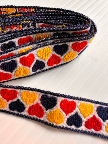 1m LEFT: Vintage Braid Trim Woven Cotton w/ Red White Blue Interlocking Hearts 15mm