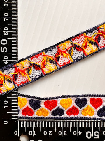 1m LEFT: Vintage Braid Trim Woven Cotton w/ Red White Blue Interlocking Hearts 15mm