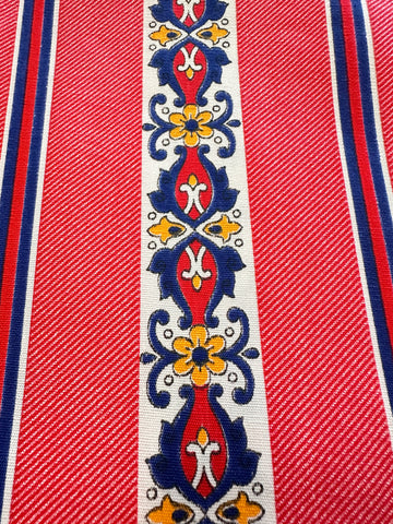 Vintage Fabric Faux Denim Cotton 1970s Retro Pattern on Red 88cm Wide