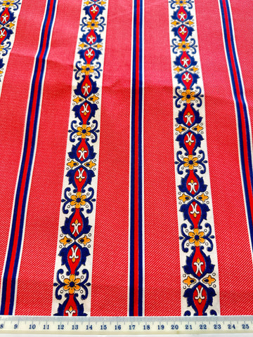 Vintage Fabric Faux Denim Cotton 1970s Retro Pattern on Red 88cm Wide