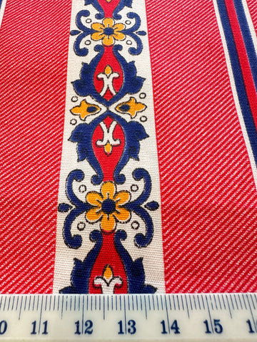 Vintage Fabric Faux Denim Cotton 1970s Retro Pattern on Red 88cm Wide
