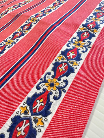 Vintage Fabric Faux Denim Cotton 1970s Retro Pattern on Red 88cm Wide