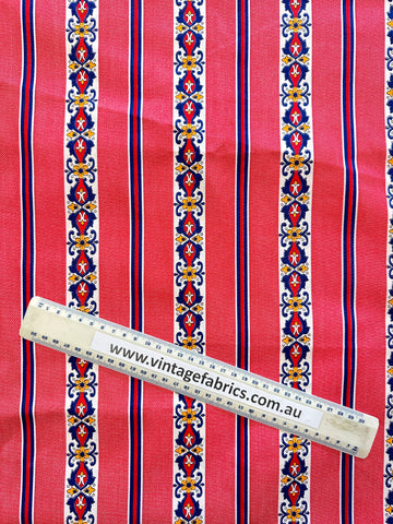Vintage Fabric Faux Denim Cotton 1970s Retro Pattern on Red 88cm Wide