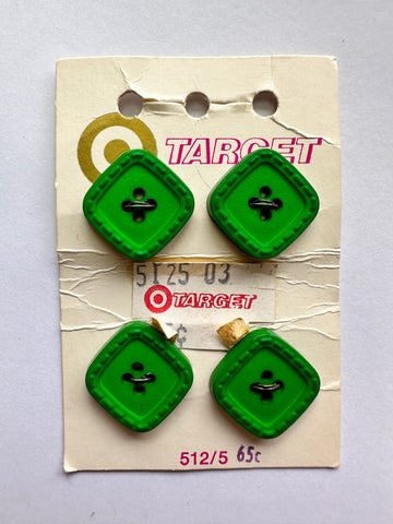 TWO SETS LEFT: Vintage Buttons New on Card Target 1970s Square Green 4-Hole 15mm x 4