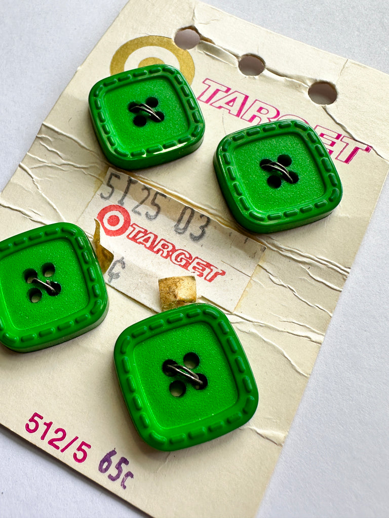 TWO SETS LEFT: Vintage Buttons New on Card Target 1970s Square Green 4-Hole 15mm x 4