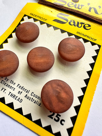 ONE SET ONLY: Vintage Buttons New on Card Sew n' Save 1970s Brown Shank 14mm x 5