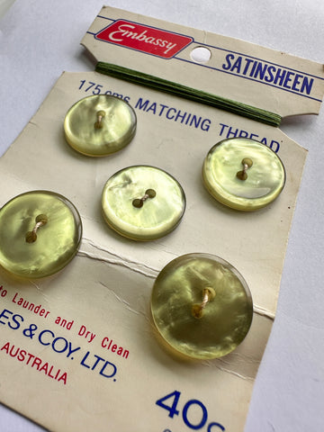 ONE SET ONLY: Vintage Buttons New on Card Embassy Satinsheen 1970s Green 2-Hole 16mm x 5