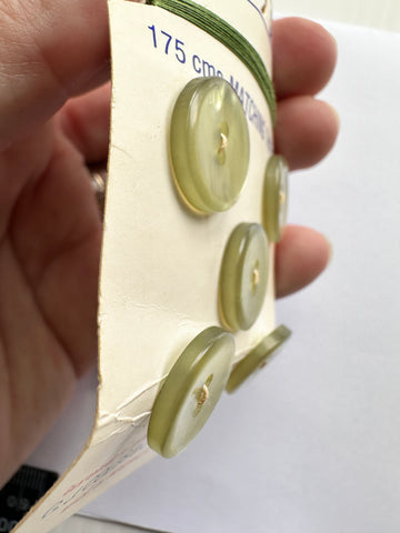 ONE SET ONLY: Vintage Buttons New on Card Embassy Satinsheen 1970s Green 2-Hole 16mm x 5