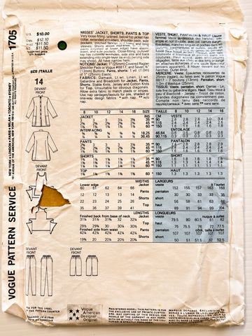 JACKET, SHORTS, PANTS & TOP: Vogue Individualist Sewing Pattern ADRI 1986 Size 14 Factory Folded *1705