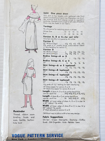 ONE-PIECES DRESS: Vogue Sewing Pattern c. 1962 Size 16 Bust 36 Complete Factory Folded *5624