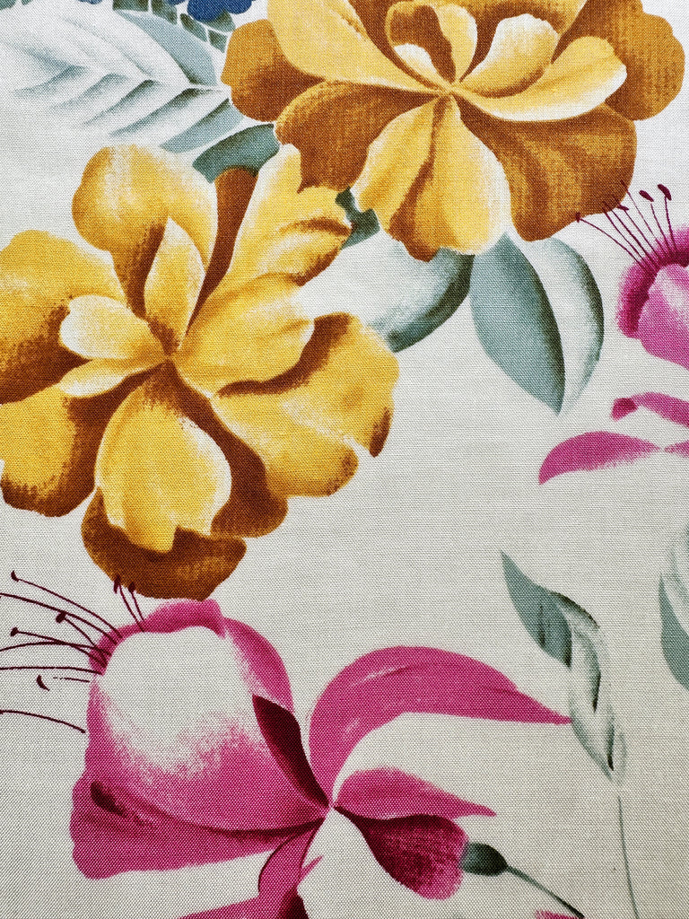 1.5m LEFT: Vintage Fabric 1980s 90s? Bright Tropical Pattern on Pale Yellow Base