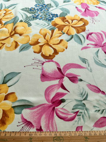 1.5m LEFT: Vintage Fabric 1980s 90s? Bright Tropical Pattern on Pale Yellow Base