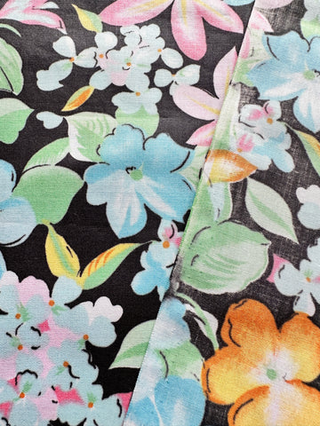 1m LEFT: Vintage Fabric 1980s? Bright Tropical Pattern on Jet Black Base Cotton Blend