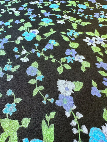 Vintage Fabric 1970s Pretty Mint Green Lavender Pale Blue Floral on Jet Black Cotton Crepe 86cm Wide