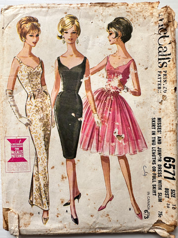 EVENING COCKTAIL DRESS w/ SLIM OR FULL SKIRT: McCall's Sewing Pattern Size 16 1962 Complete *6571