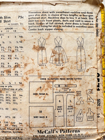 EVENING COCKTAIL DRESS w/ SLIM OR FULL SKIRT: McCall's Sewing Pattern Size 16 1962 Complete *6571