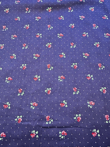 Vintage Fabric 1980s Light Weight Navy Cotton w/ Tiny Dot & Pink Floral 86cm Wide