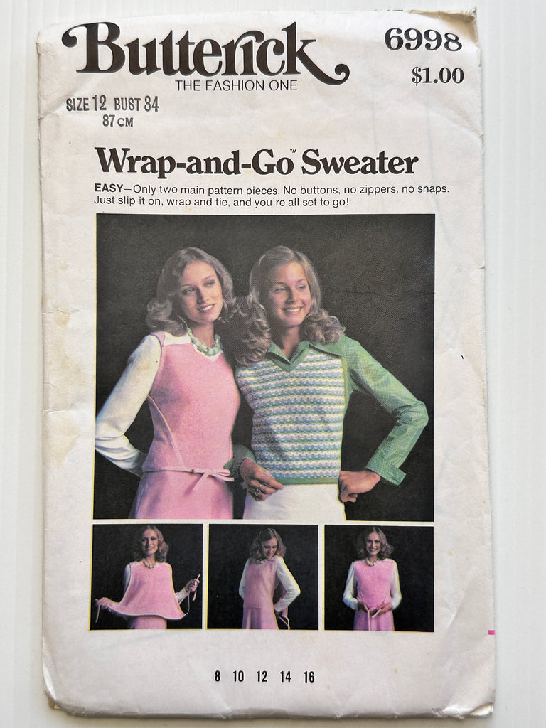 WRAP-AND-GO SWEATER: Butterick Sewing Pattern Unused 1970s Ladies Size 12 *6998
