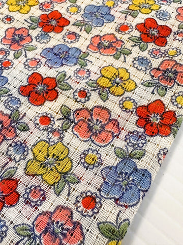 Vintage Fabric 1950s Fancy Weave Light Weight Cotton w/ Pretty Bright Floral 86cm Wide