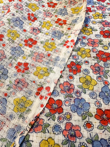 Vintage Fabric 1950s Fancy Weave Light Weight Cotton w/ Pretty Bright Floral 86cm Wide