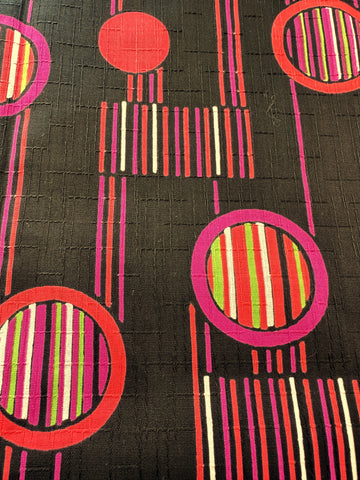 REMNANT Vintage Fabric 1960s Mod Fancy Weave Cotton Circles Stripes on Black 43cm x 37cm
