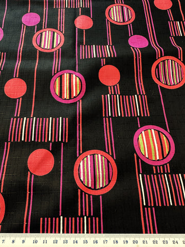 REMNANT Vintage Fabric 1960s Mod Fancy Weave Cotton Circles Stripes on Black 43cm x 37cm