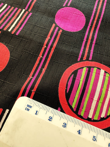 REMNANT Vintage Fabric 1960s Mod Fancy Weave Cotton Circles Stripes on Black 43cm x 37cm