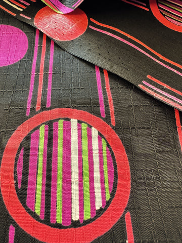 REMNANT Vintage Fabric 1960s Mod Fancy Weave Cotton Circles Stripes on Black 43cm x 37cm