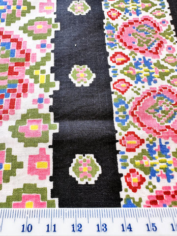 REMNANT Vintage Fabric 1950s Crispy Dress Cotton Black w/ Stylised Trees 40cm x 35cm