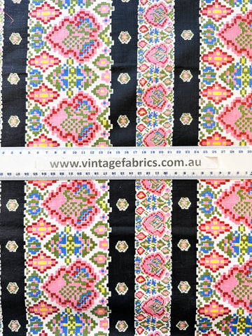 REMNANT Vintage Fabric 1950s Crispy Dress Cotton Black w/ Stylised Trees 40cm x 35cm