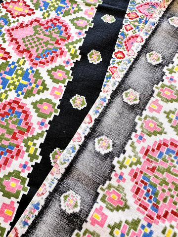 REMNANT Vintage Fabric 1950s Crispy Dress Cotton Black w/ Stylised Trees 40cm x 35cm